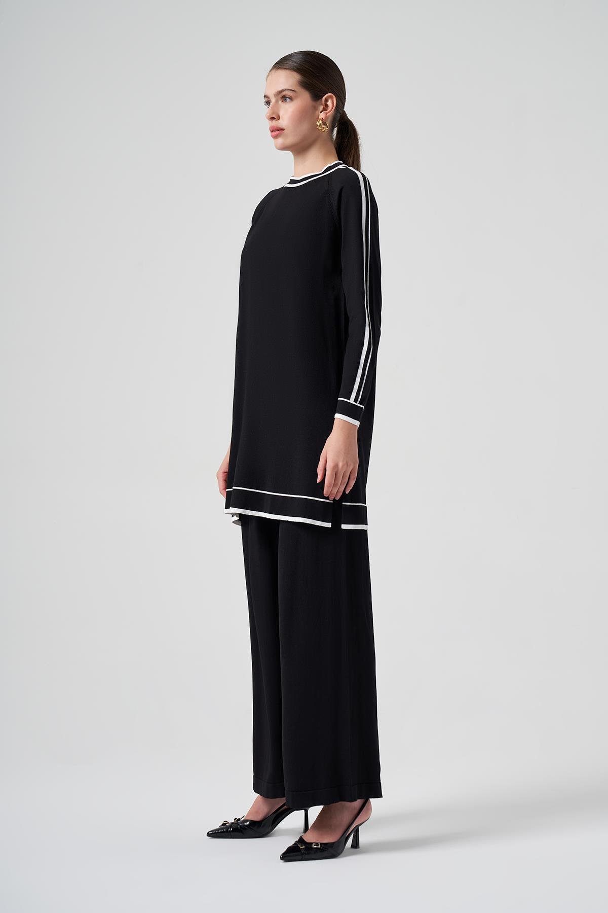 Nuss Merserize Renk Şerit Detay Pantolonlu Takım 1510 Siyah