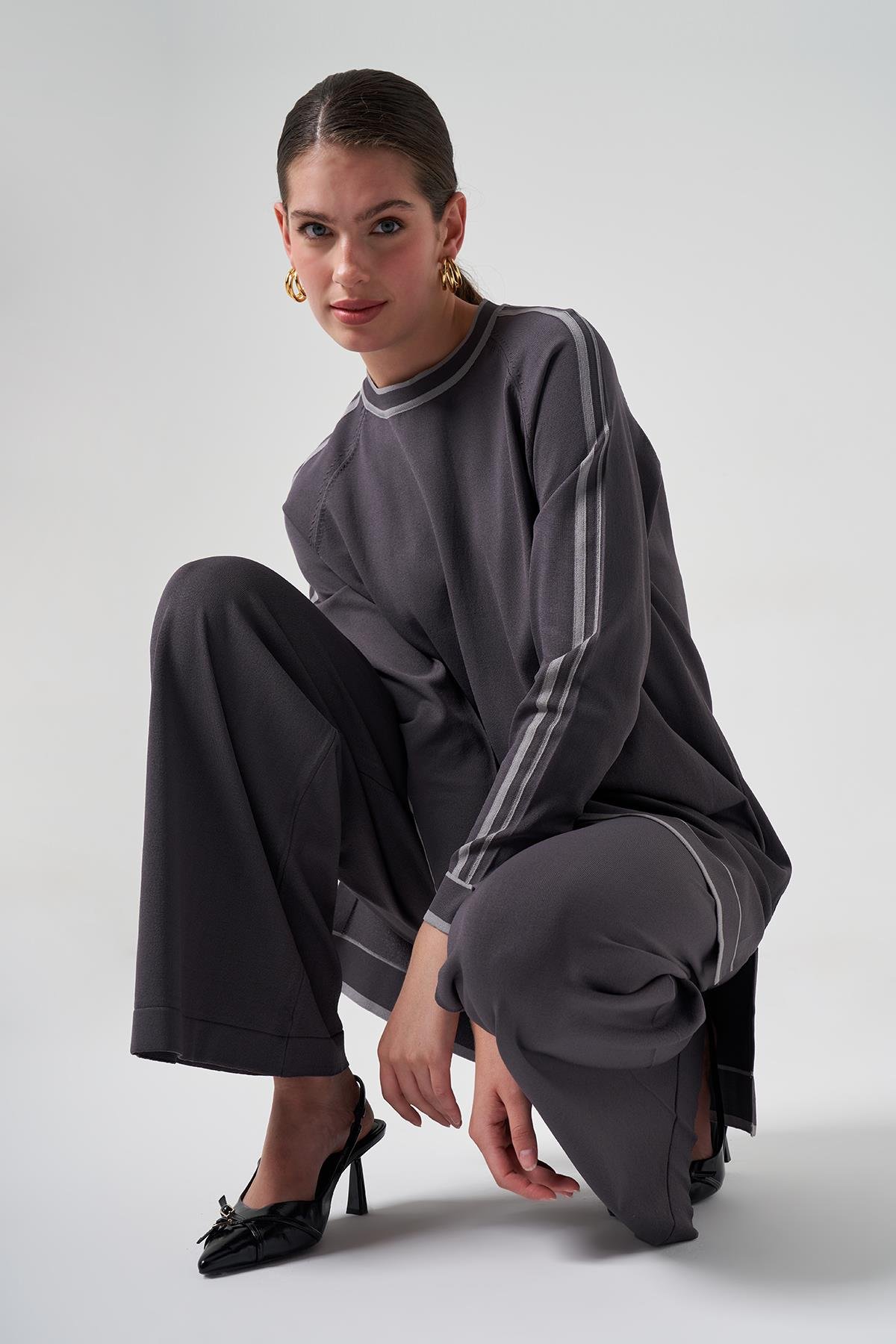 Nuss Merserize Renk Şerit Detay Pantolonlu Takım 1510 Füme