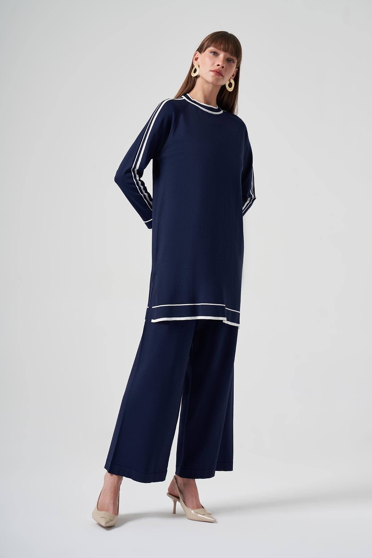 Nuss Merserize Renk Şerit Detay Pantolonlu Takım 1510 Lacivert
