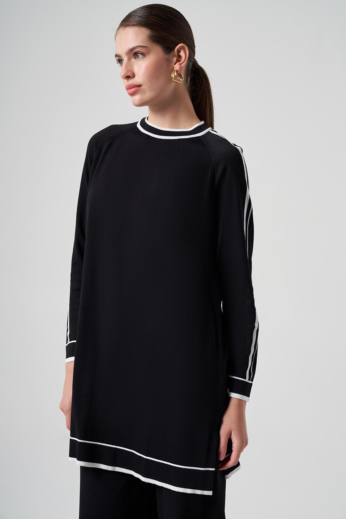 Nuss Merserize Renk Şerit Detay Pantolonlu Takım 1510 Siyah