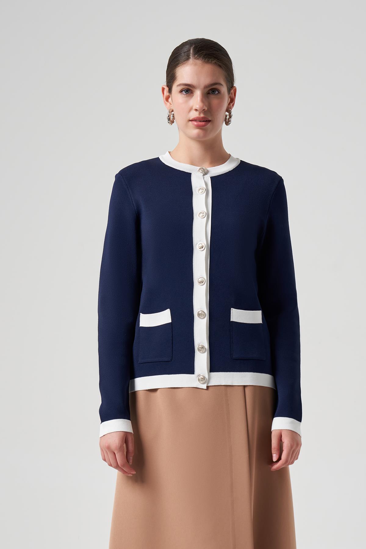 Nuss Merserize Triko Cep Detaylı Kısa Hırka 1112 Lacivert