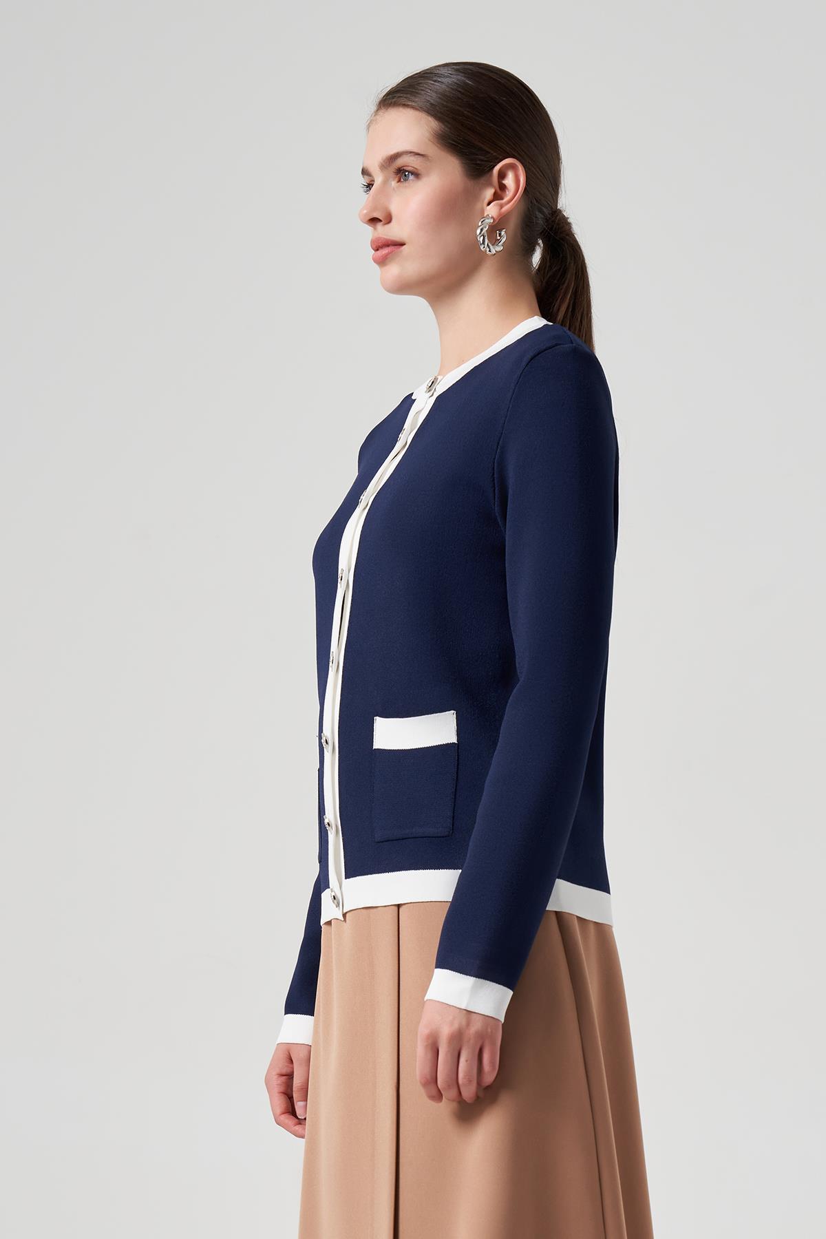 Nuss Merserize Triko Cep Detaylı Kısa Hırka 1112 Lacivert