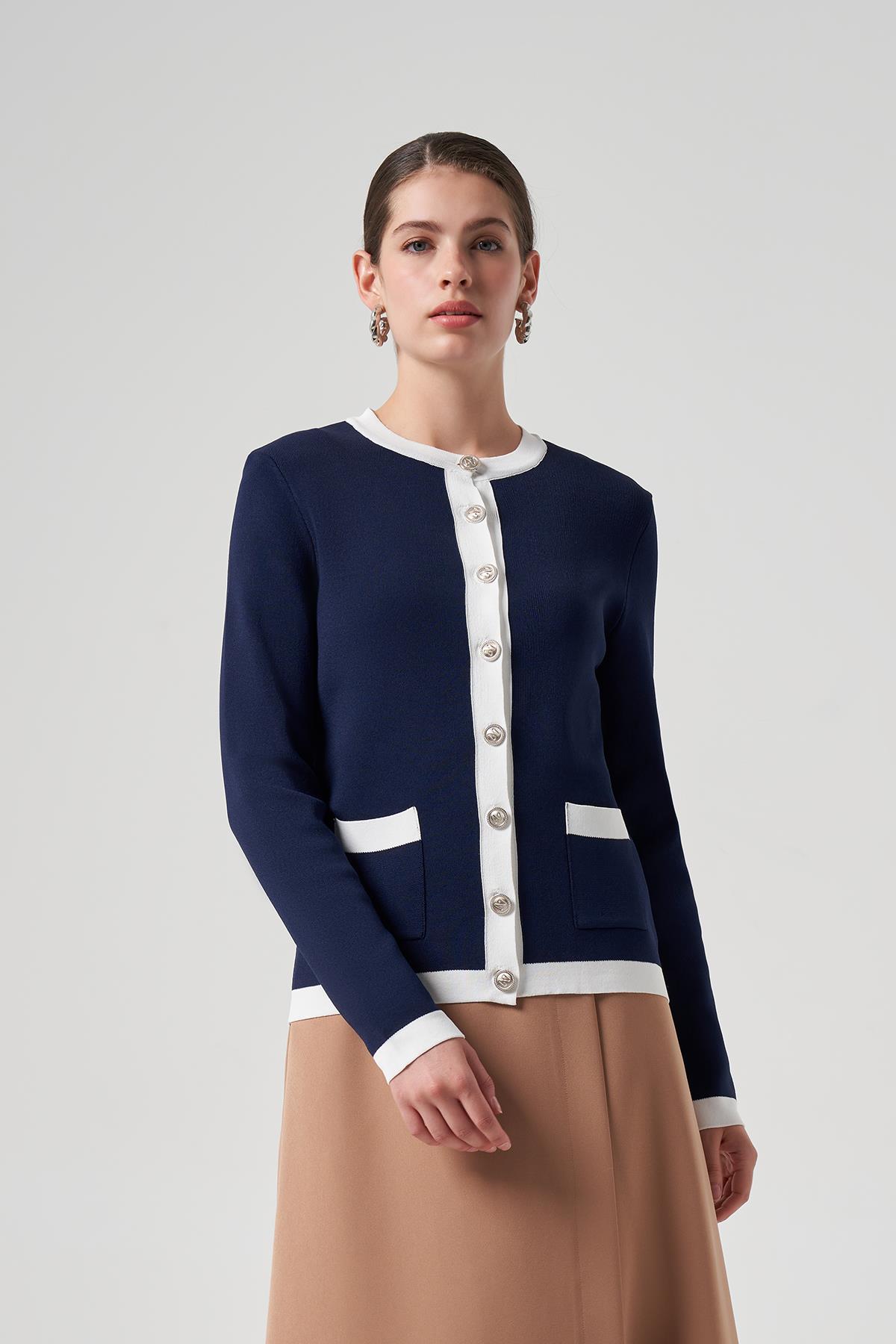 Nuss Merserize Triko Cep Detaylı Kısa Hırka 1112 Lacivert