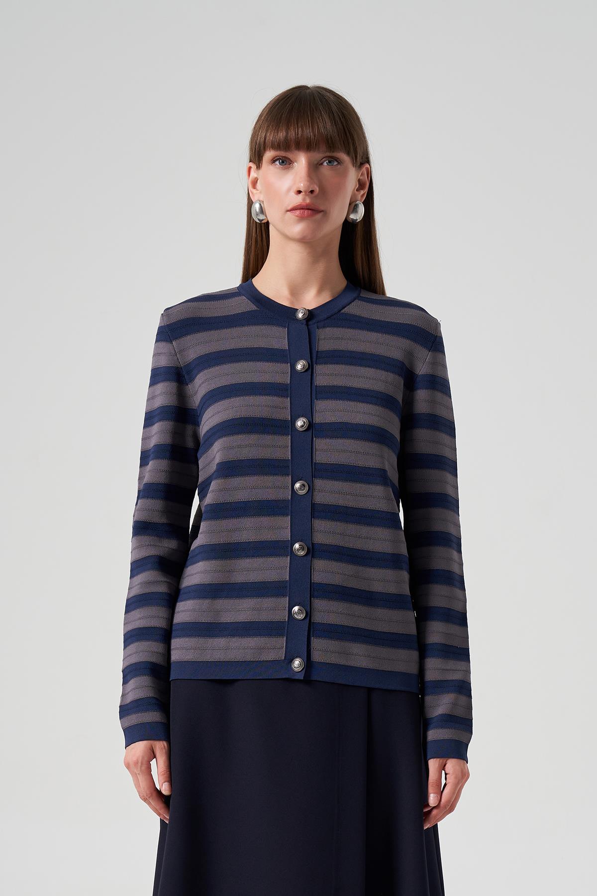 Nuss Merserize Triko Çizgili Kısa Hırka 1113 Lacivert