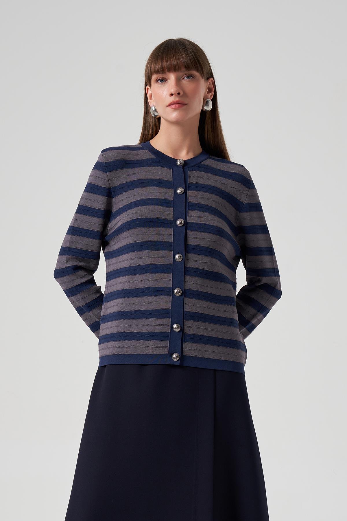 Nuss Merserize Triko Çizgili Kısa Hırka 1113 Lacivert