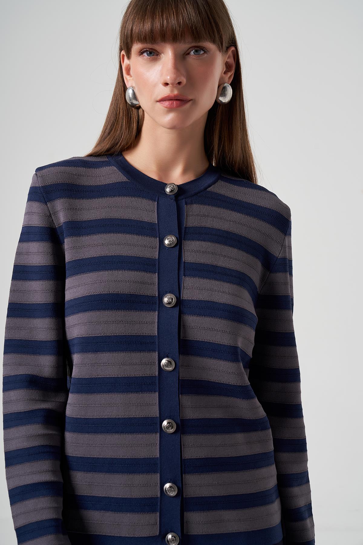 Nuss Merserize Triko Çizgili Kısa Hırka 1113 Lacivert