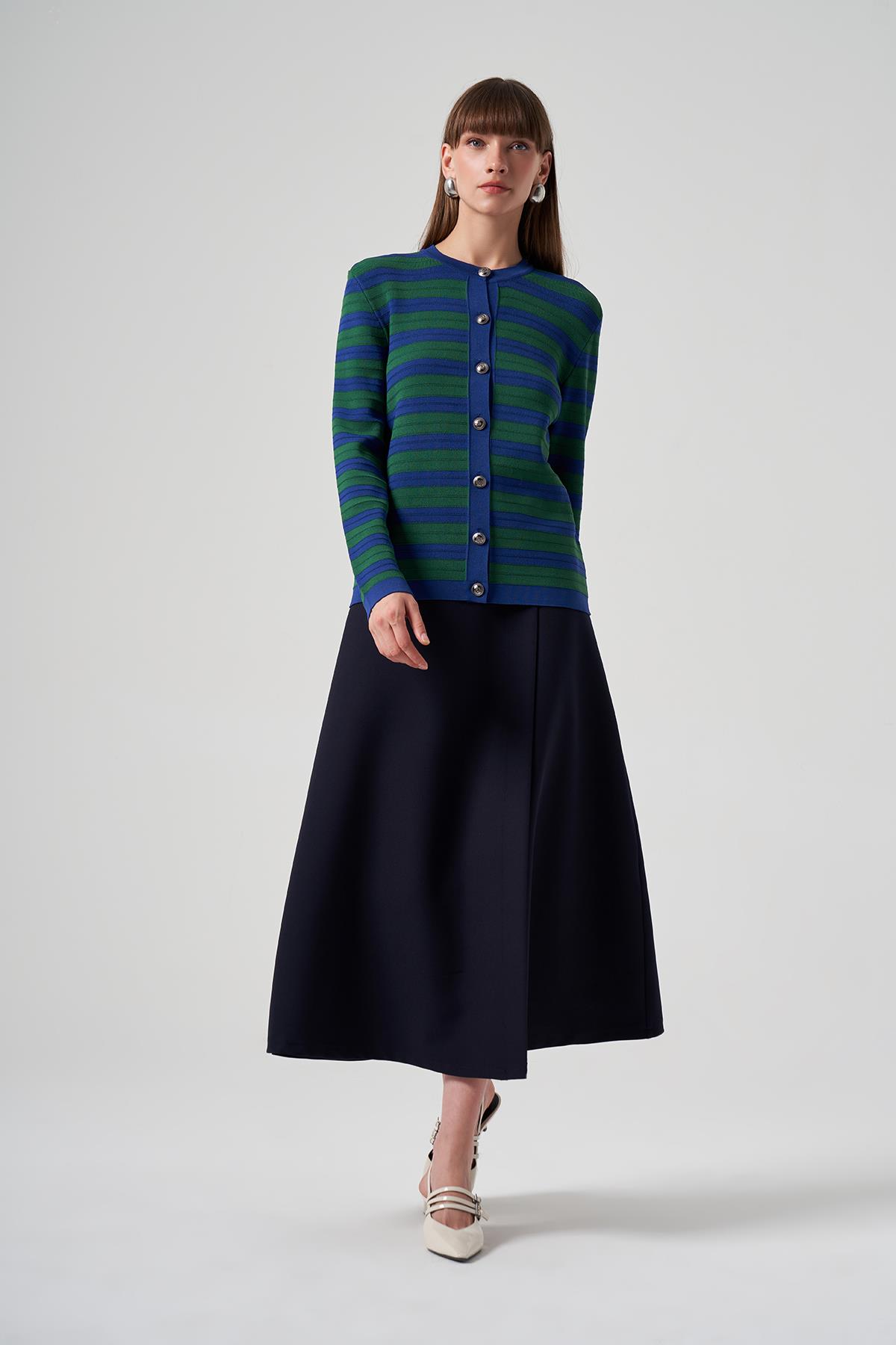 Nuss Merserize Triko Çizgili Kısa Hırka 1113 Saks