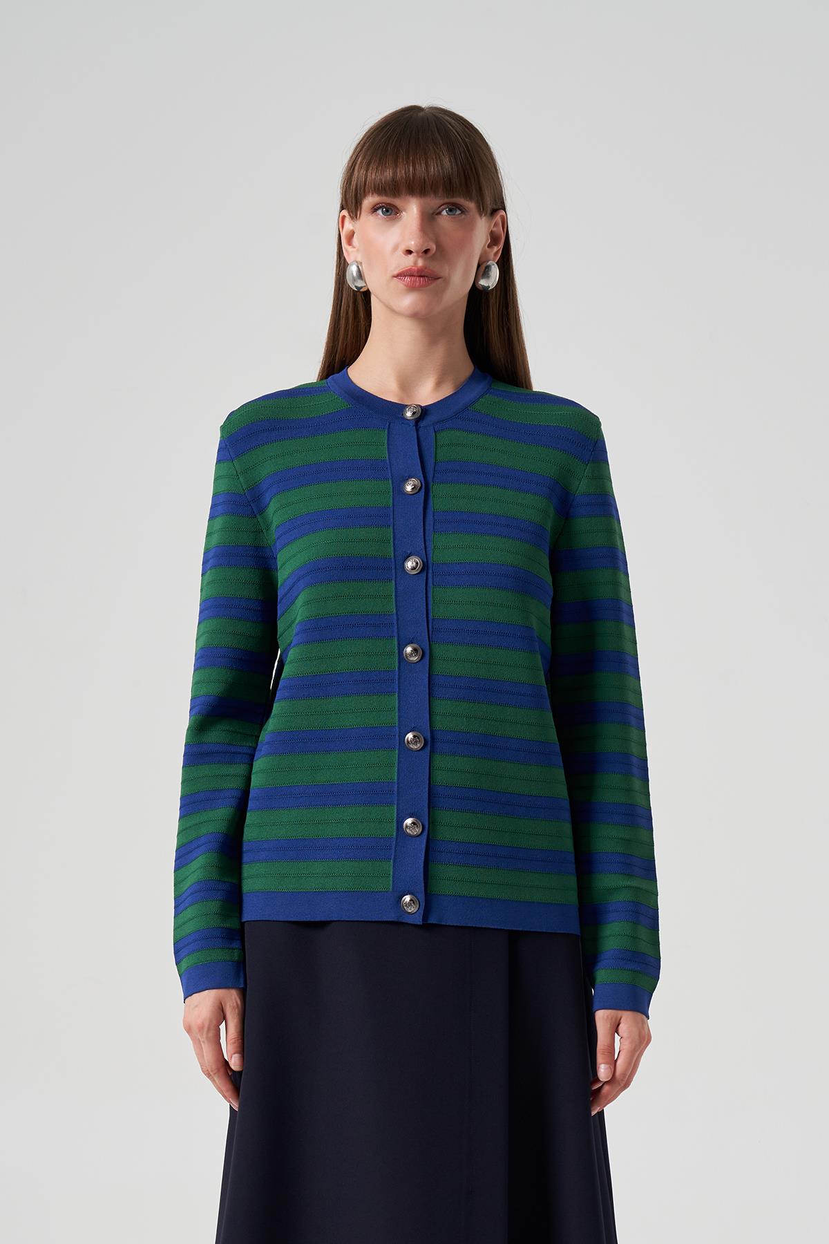 Nuss Merserize Triko Çizgili Kısa Hırka 1113 Saks