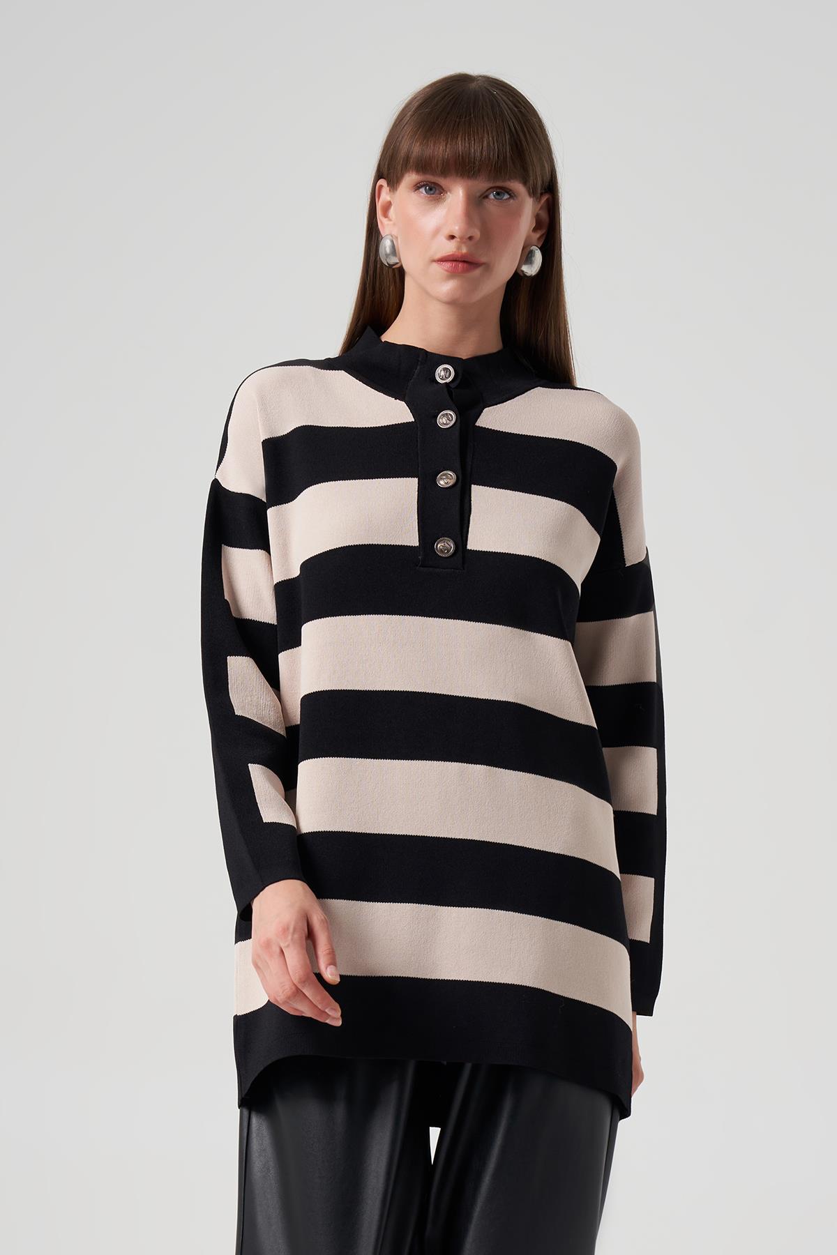 Nuss Merserize Triko Çizgili Tunik 1212 Siyah