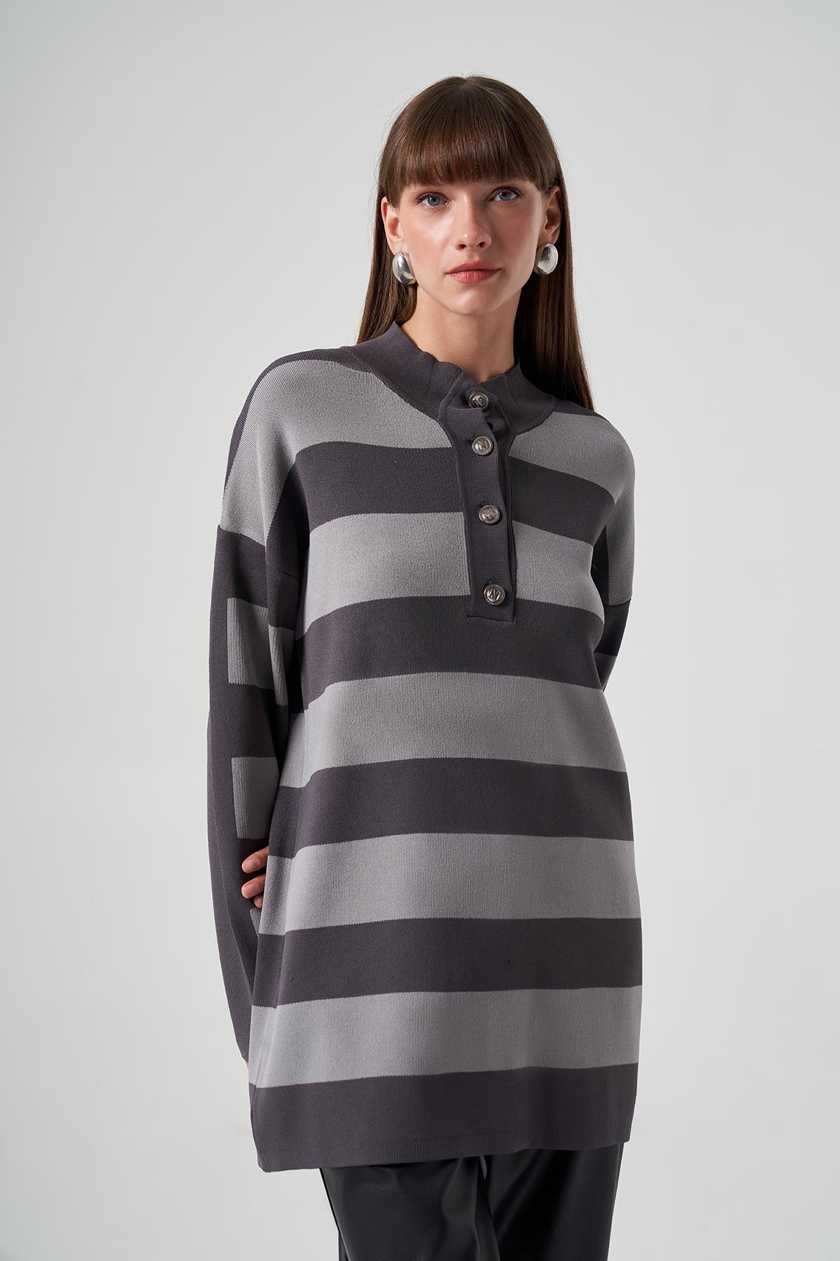 Nuss Merserize Triko Çizgili Tunik 1212 Füme