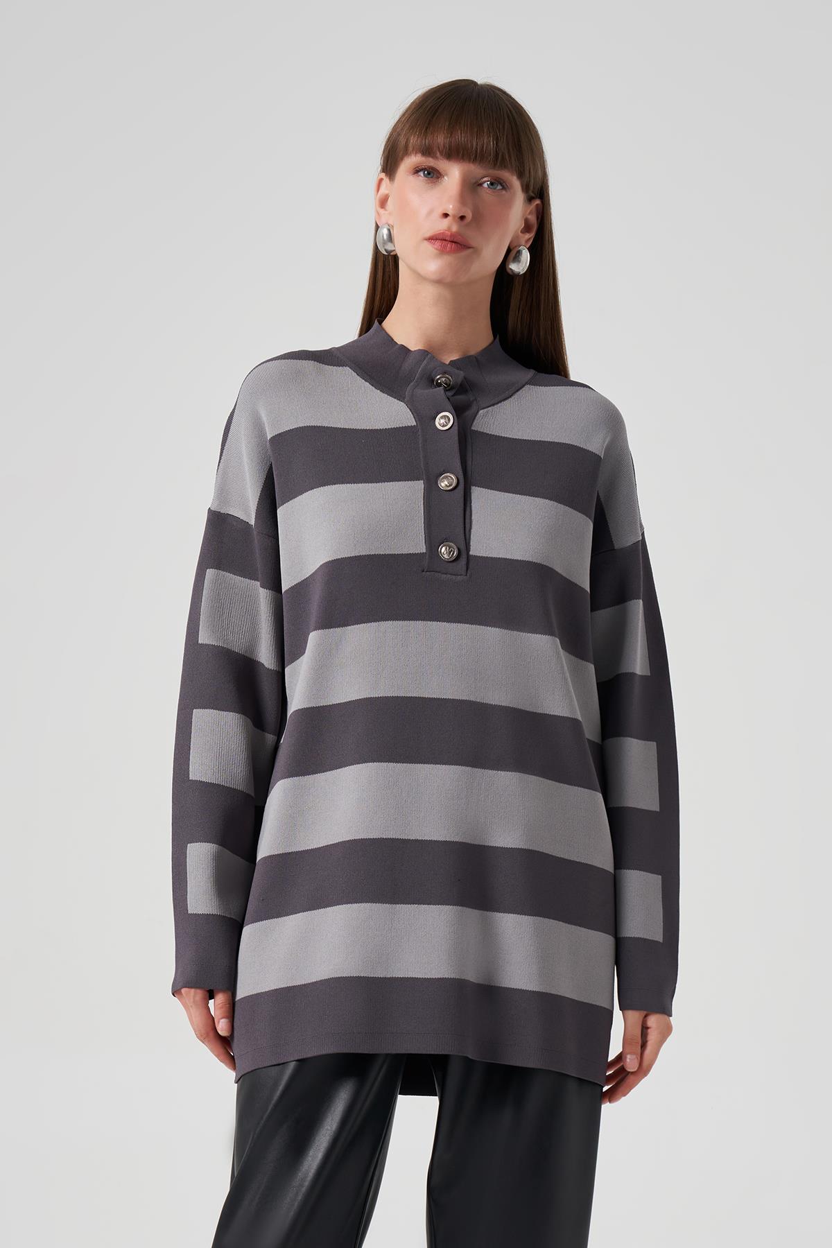 Nuss Merserize Triko Çizgili Tunik 1212 Füme