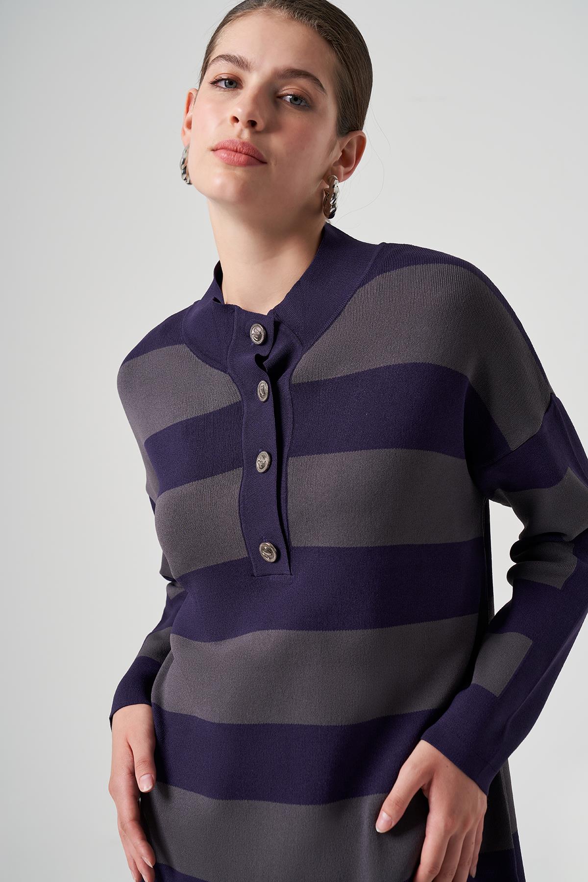 Nuss Merserize Triko Çizgili Tunik 1212 Mor