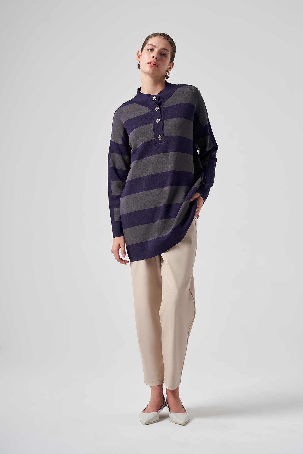 Nuss Merserize Triko Çizgili Tunik 1212 Mor