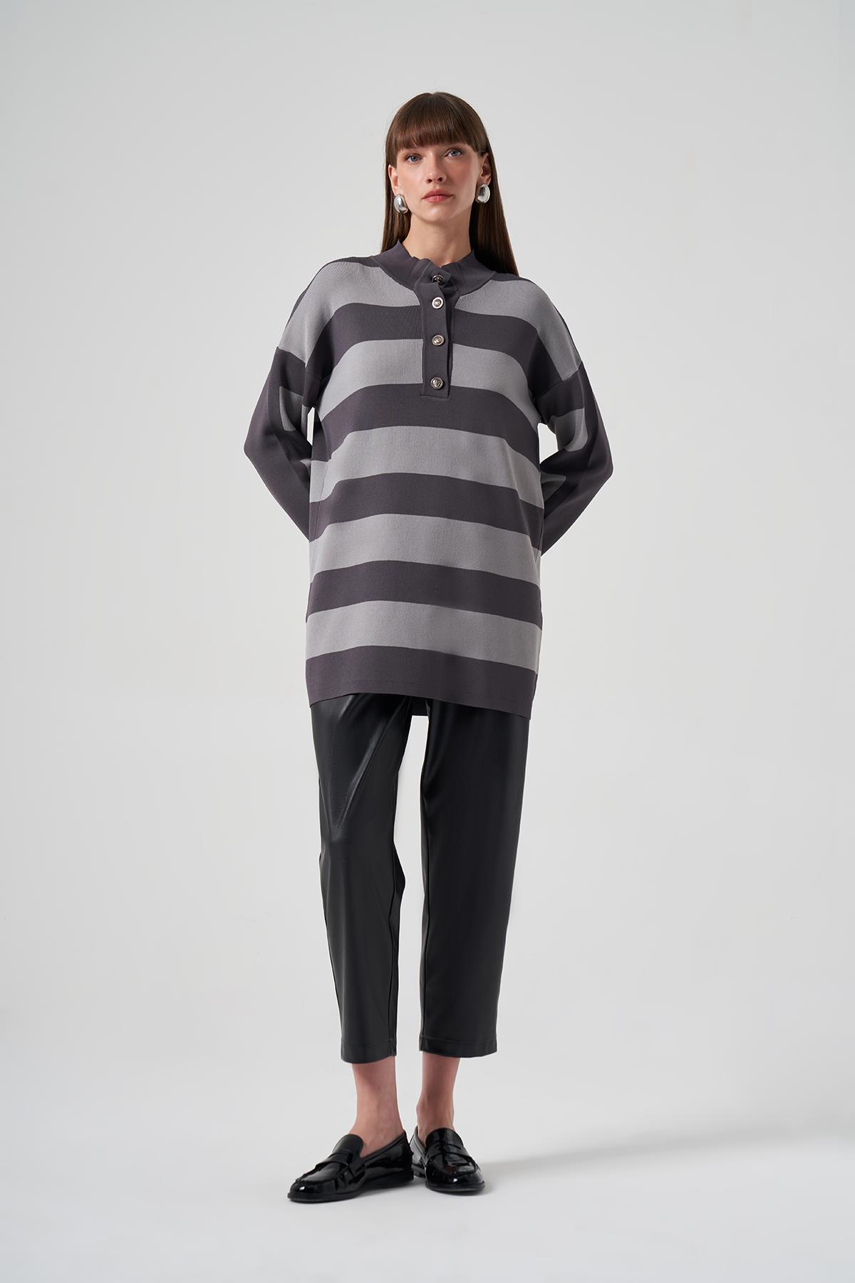 Nuss Merserize Triko Çizgili Tunik 1212 Füme