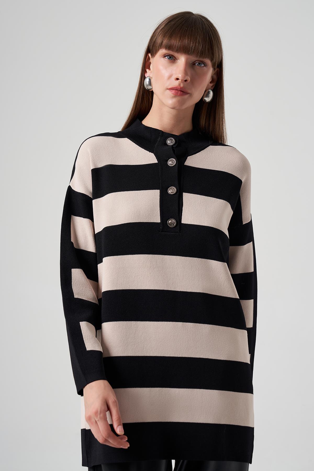 Nuss Merserize Triko Çizgili Tunik 1212 Siyah