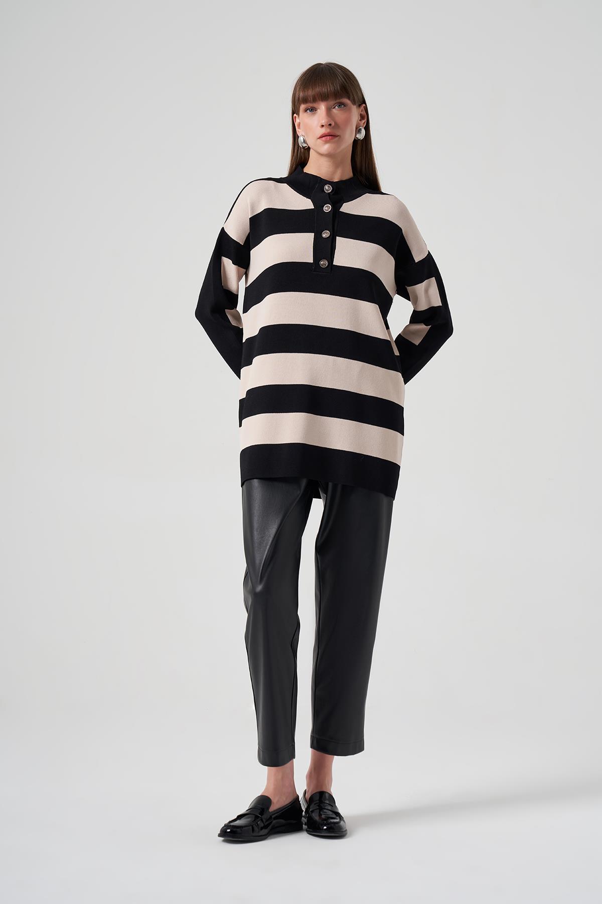 Nuss Merserize Triko Çizgili Tunik 1212 Siyah