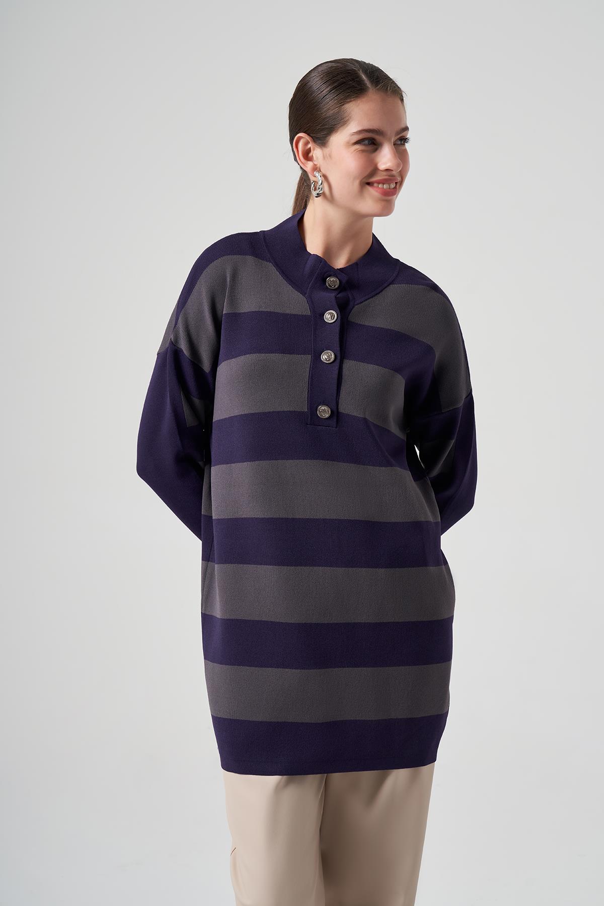 Nuss Merserize Triko Çizgili Tunik 1212 Mor