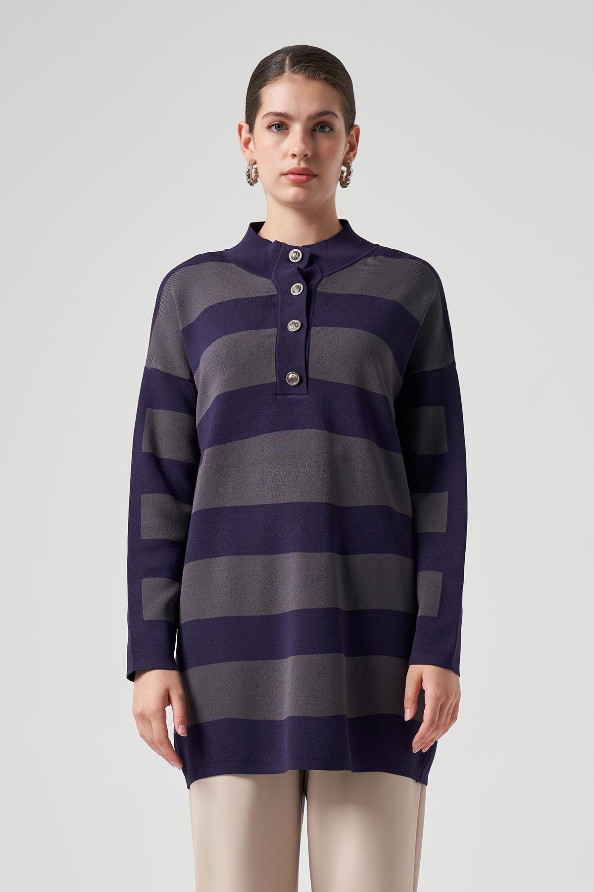 Nuss Merserize Triko Çizgili Tunik 1212 Mor