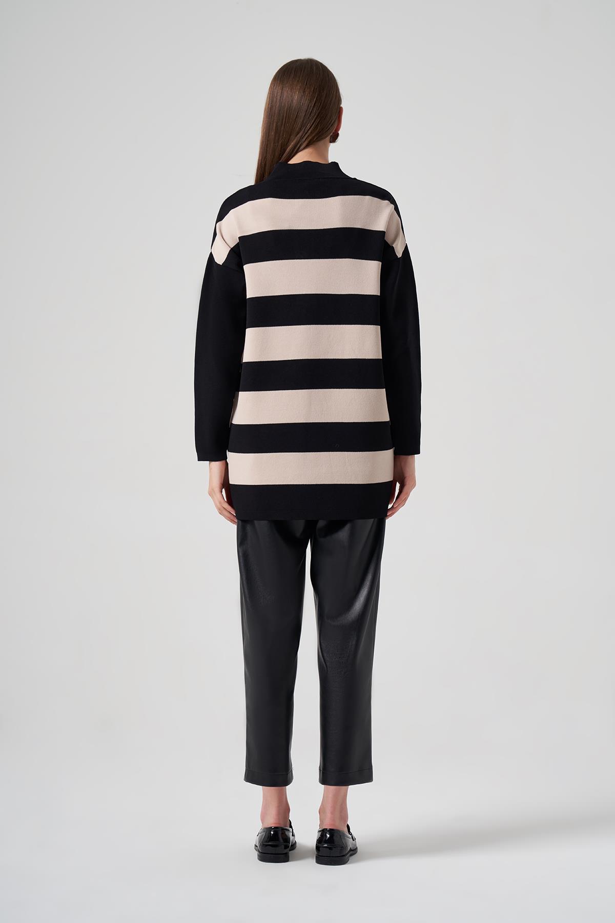 Nuss Merserize Triko Çizgili Tunik 1212 Siyah