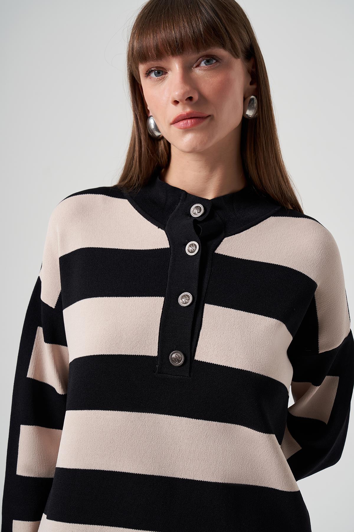 Nuss Merserize Triko Çizgili Tunik 1212 Siyah