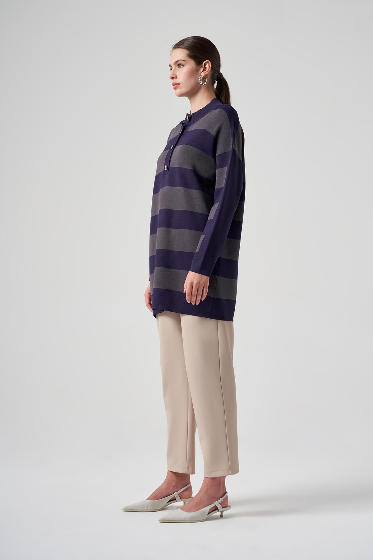 Nuss Merserize Triko Çizgili Tunik 1212 Mor