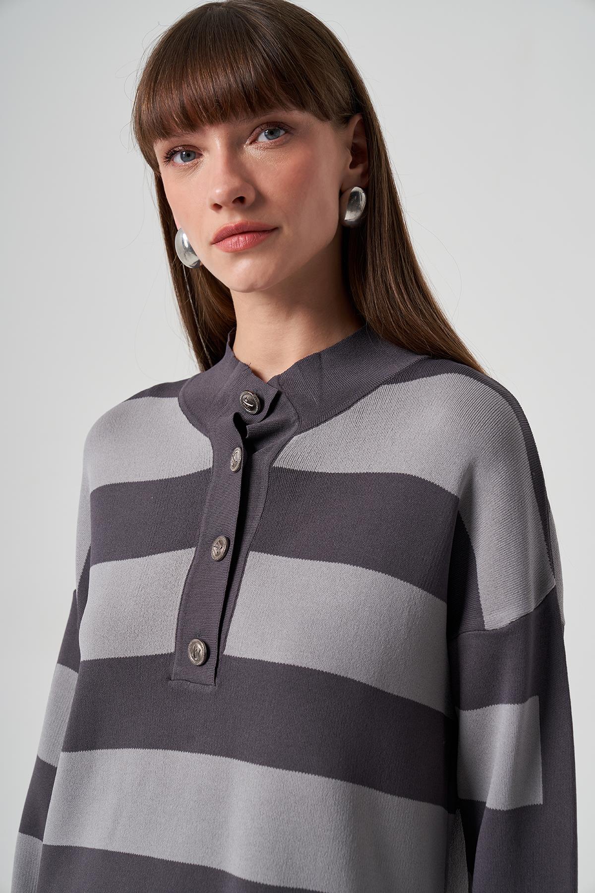 Nuss Merserize Triko Çizgili Tunik 1212 Füme