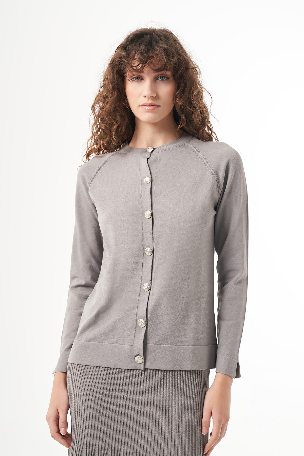 Nuss Merserize Triko Fitilli Etekli Hırka Takım 1300 Gri