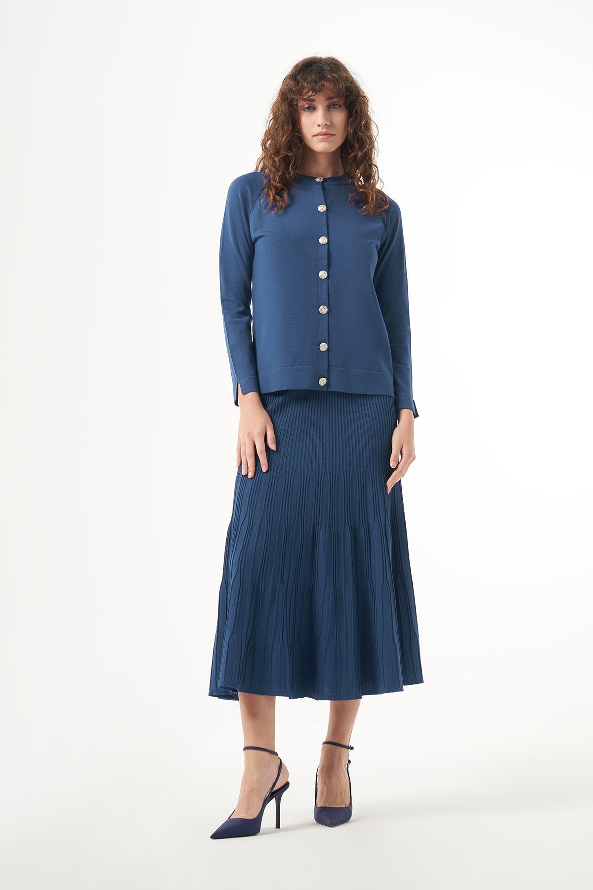 Nuss Merserize Triko Fitilli Etekli Hırka Takım 1300 İndigo