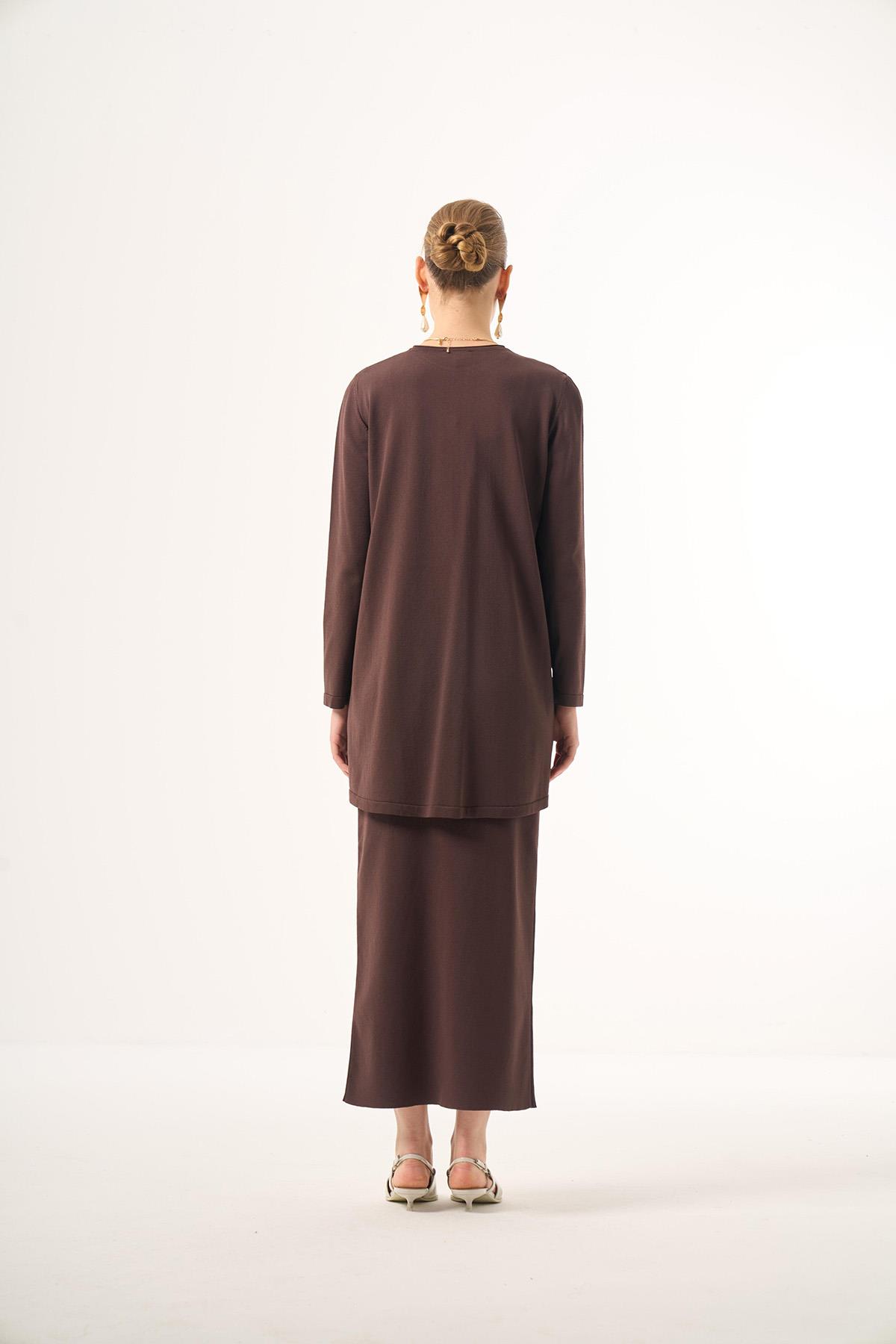 Nuss Merserize Triko Oval Kesim Etekli Takım 029 Kahverengi