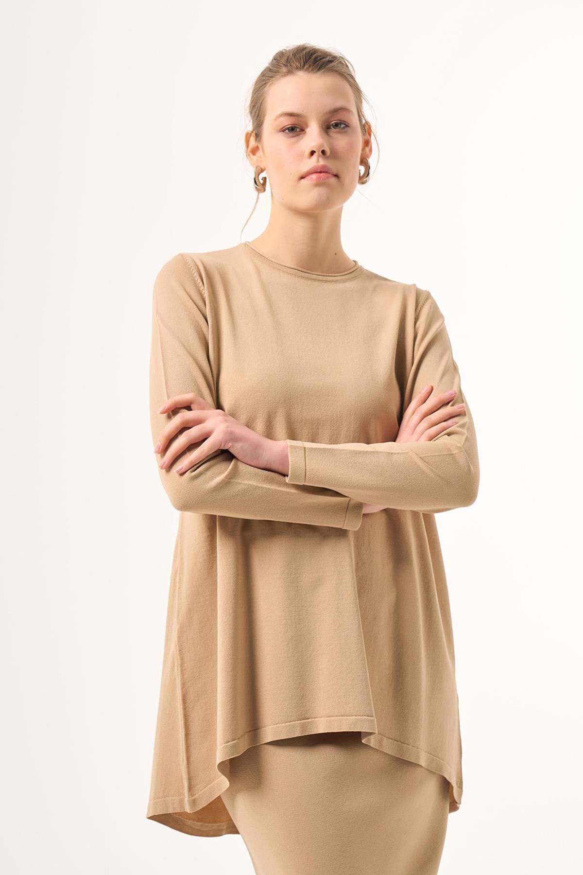 Nuss Merserize Triko Oval Kesim Tunik 029 Koyu Bej