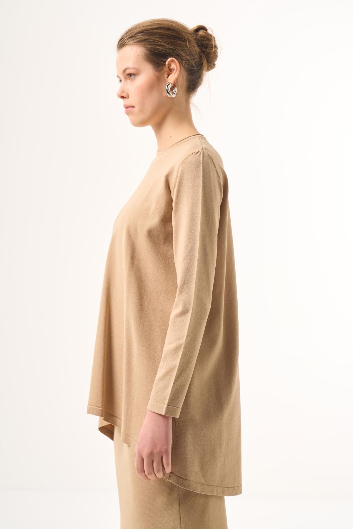 Nuss Merserize Triko Oval Kesim Tunik 029 Koyu Bej