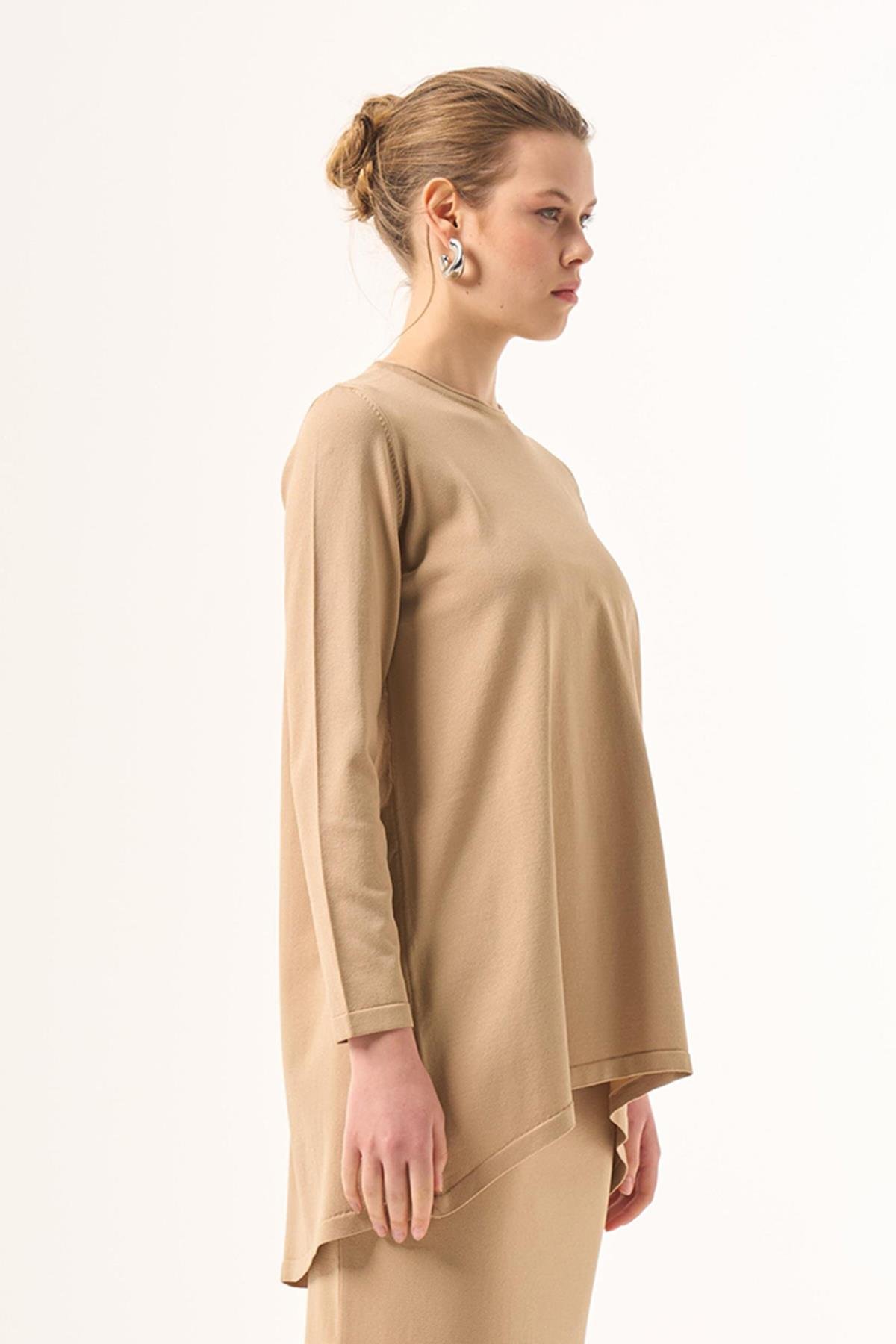 Nuss Merserize Triko Oval Kesim Tunik 029 Koyu Bej