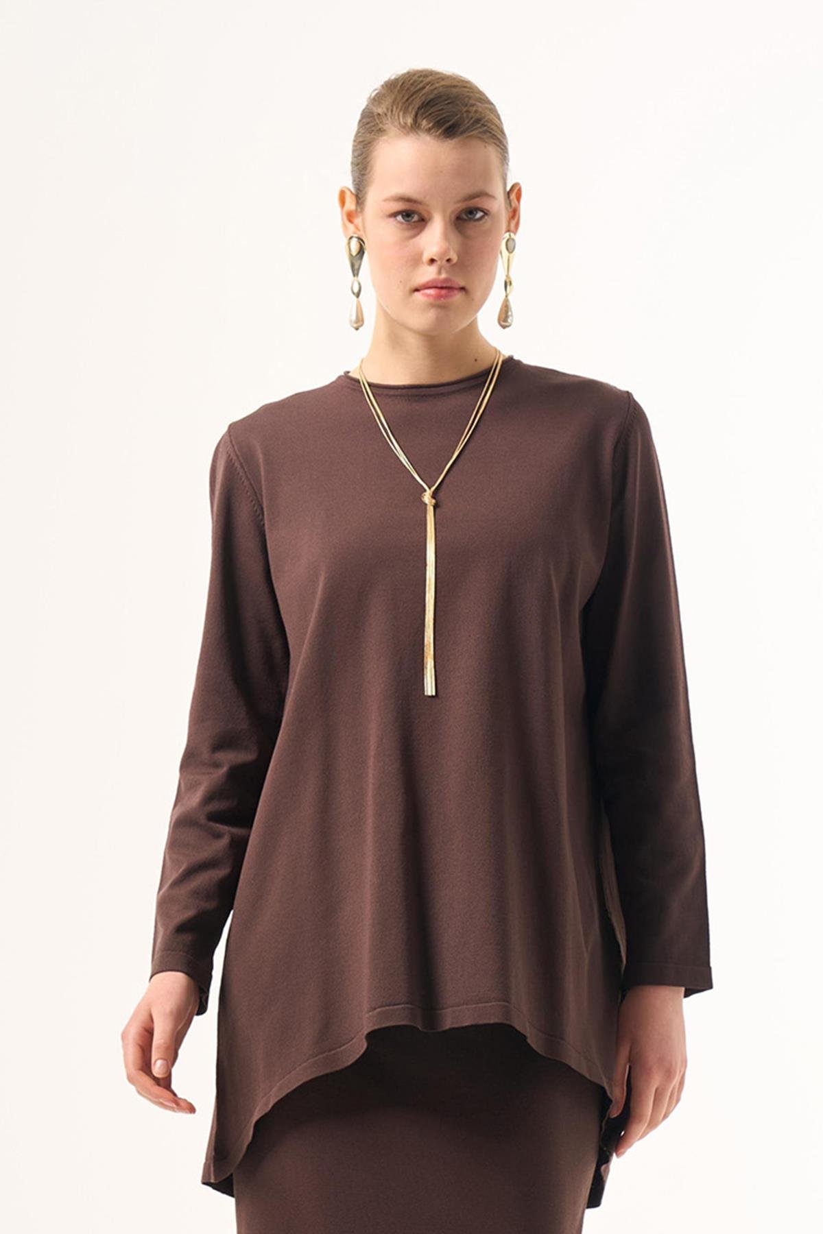 Nuss Merserize Triko Oval Kesim Tunik 029 Kahverengi