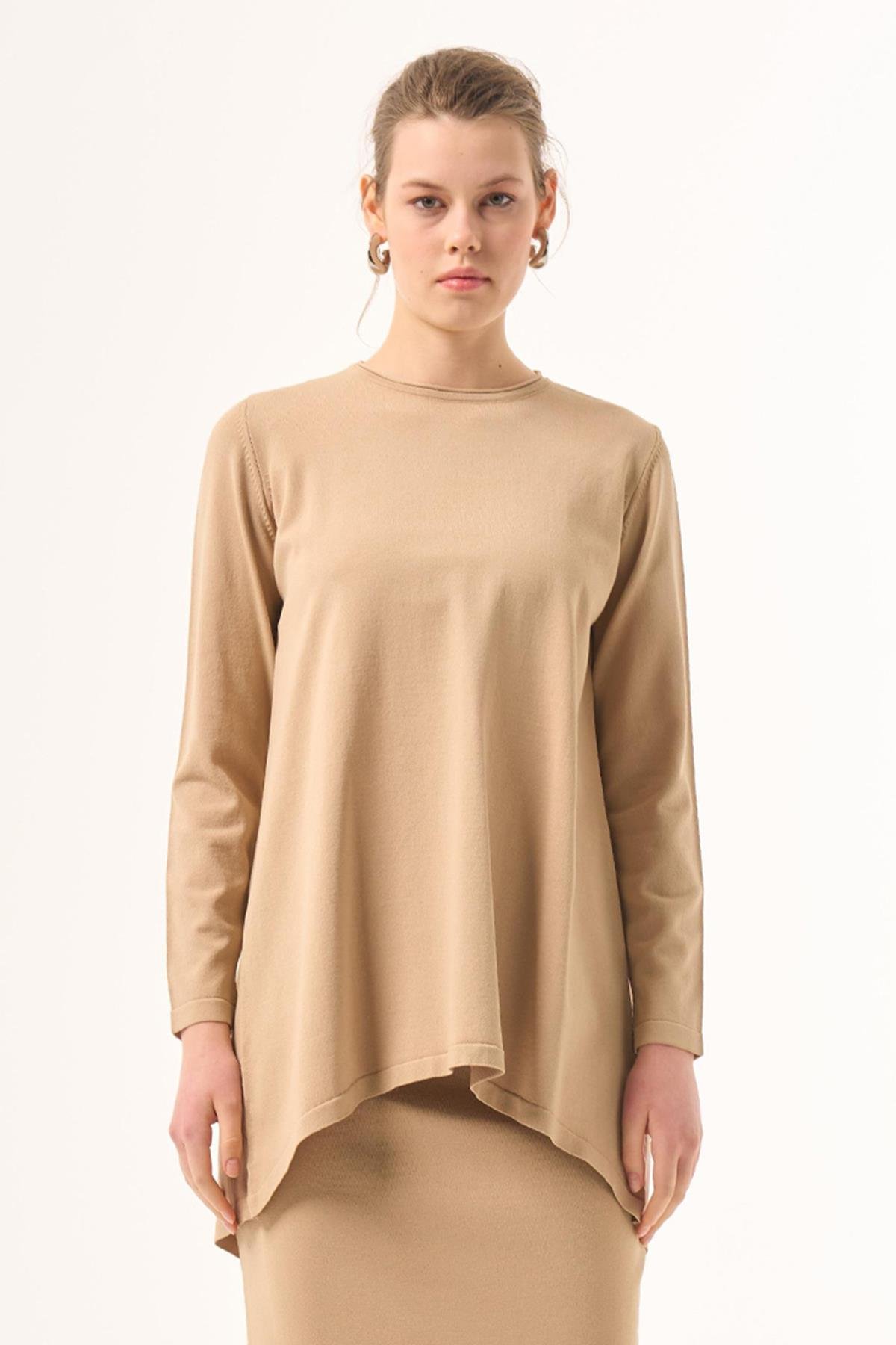 Nuss Merserize Triko Oval Kesim Tunik 029 Koyu Bej