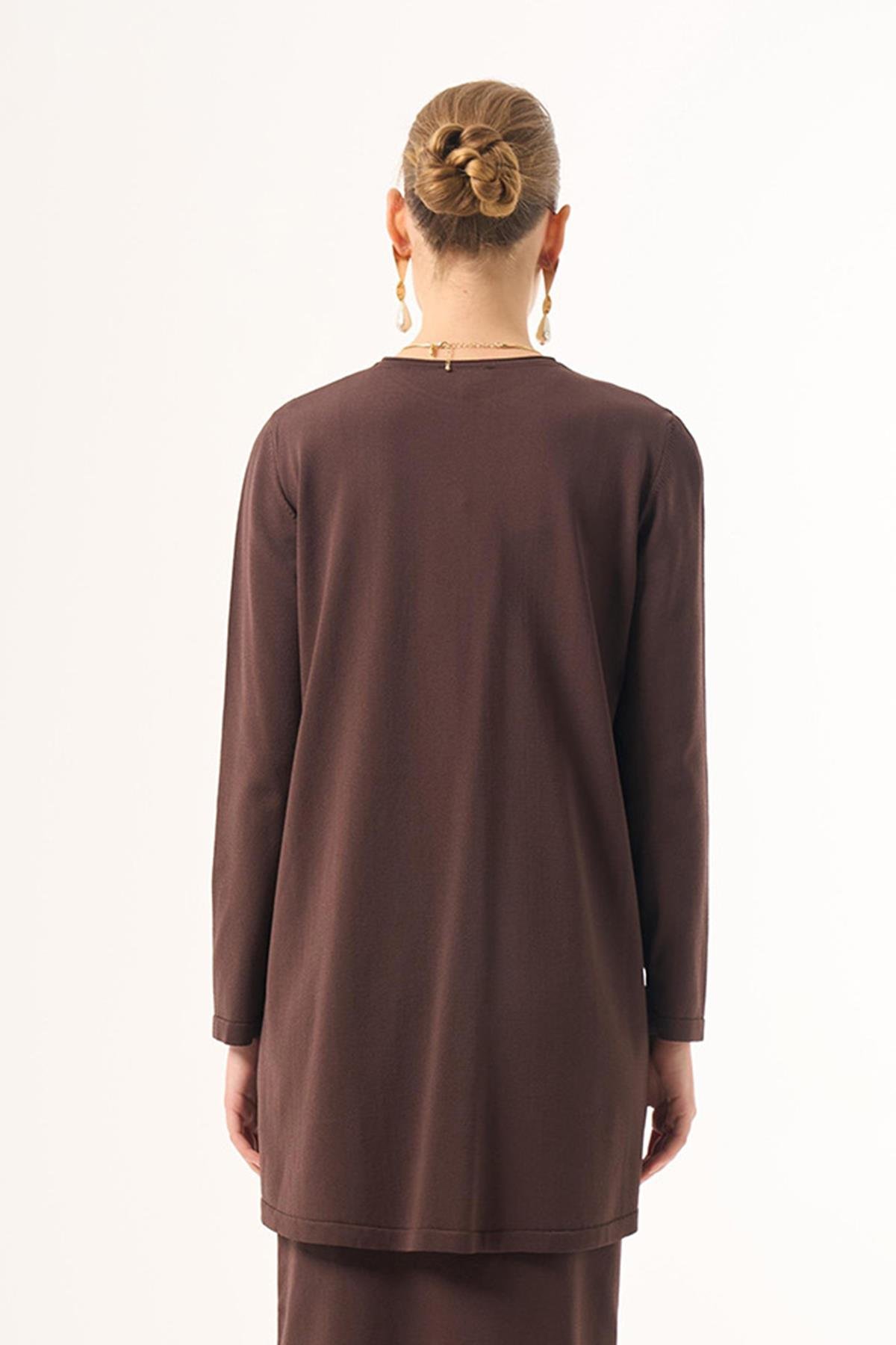 Nuss Merserize Triko Oval Kesim Tunik 029 Kahverengi