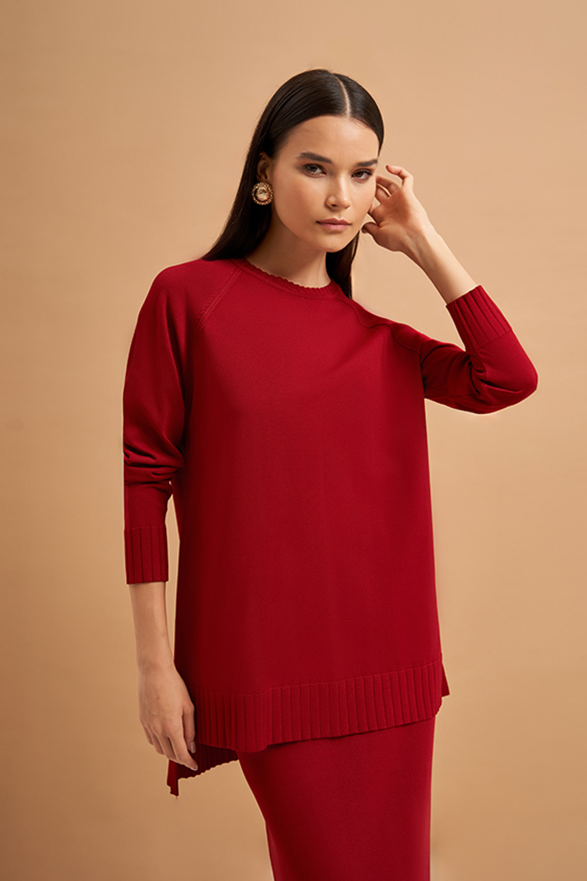 Nuss Merserize Tunik Detaylı Triko Etekli Takım NS-23K-600TKM Bordo