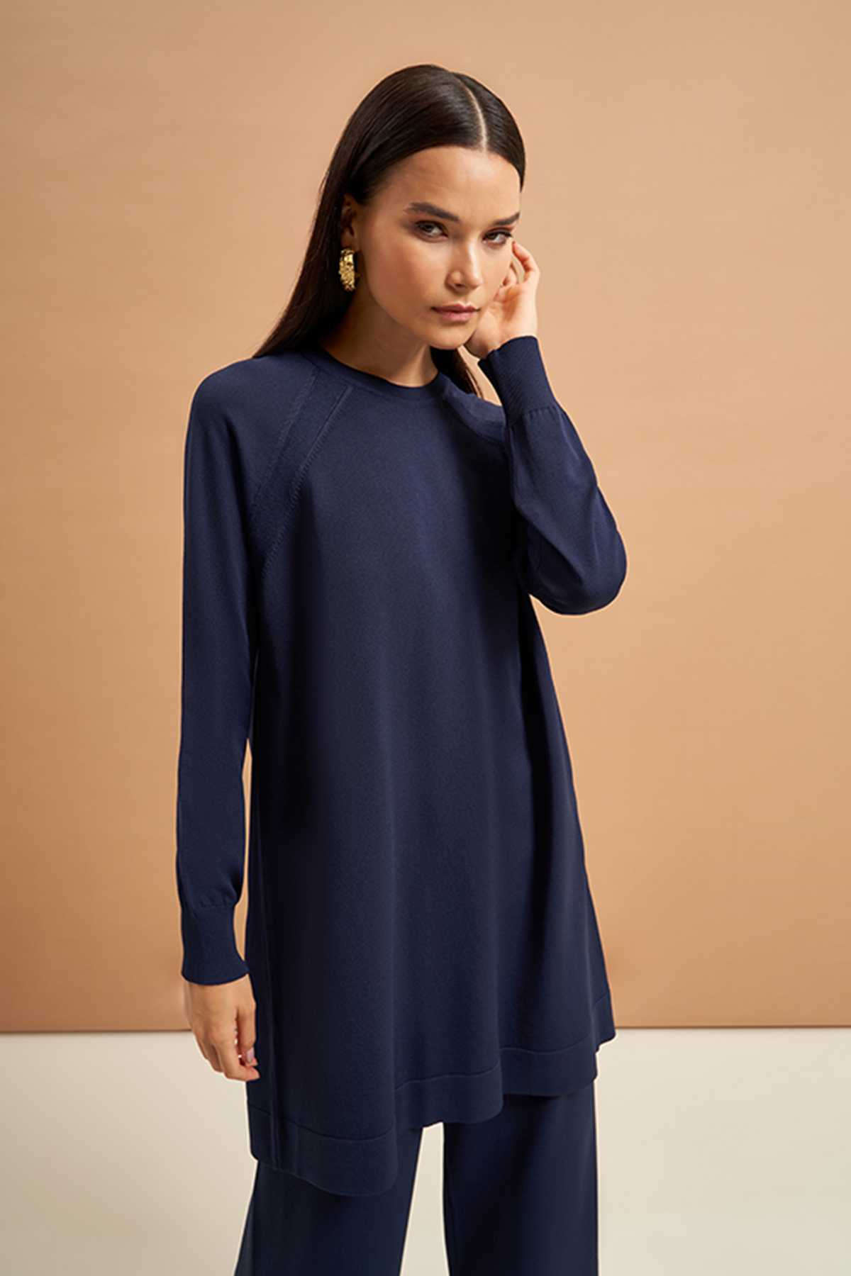 Nuss Merserize Tunik Detaylı Triko  Pantolonlu Takım NS-23K-601TKM Lacivert