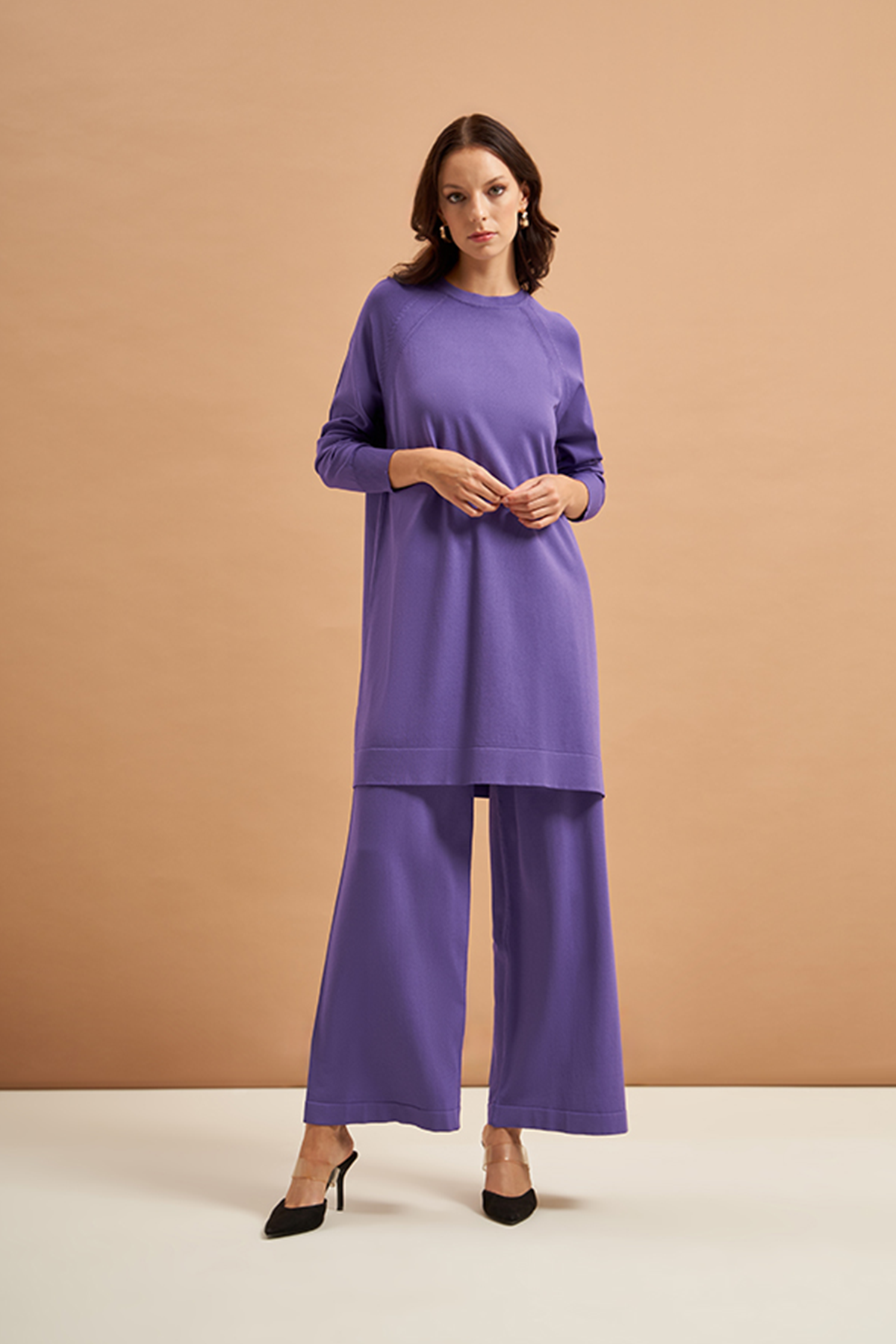 Nuss Merserize Tunik Detaylı Triko  Pantolonlu Takım NS-23K-601TKM Mor