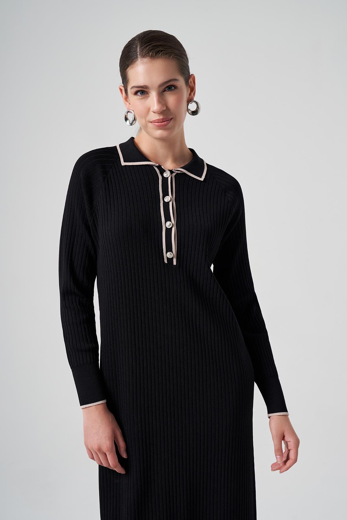 Nuss Merserize Yaka Detay Elbise 1410 Siyah