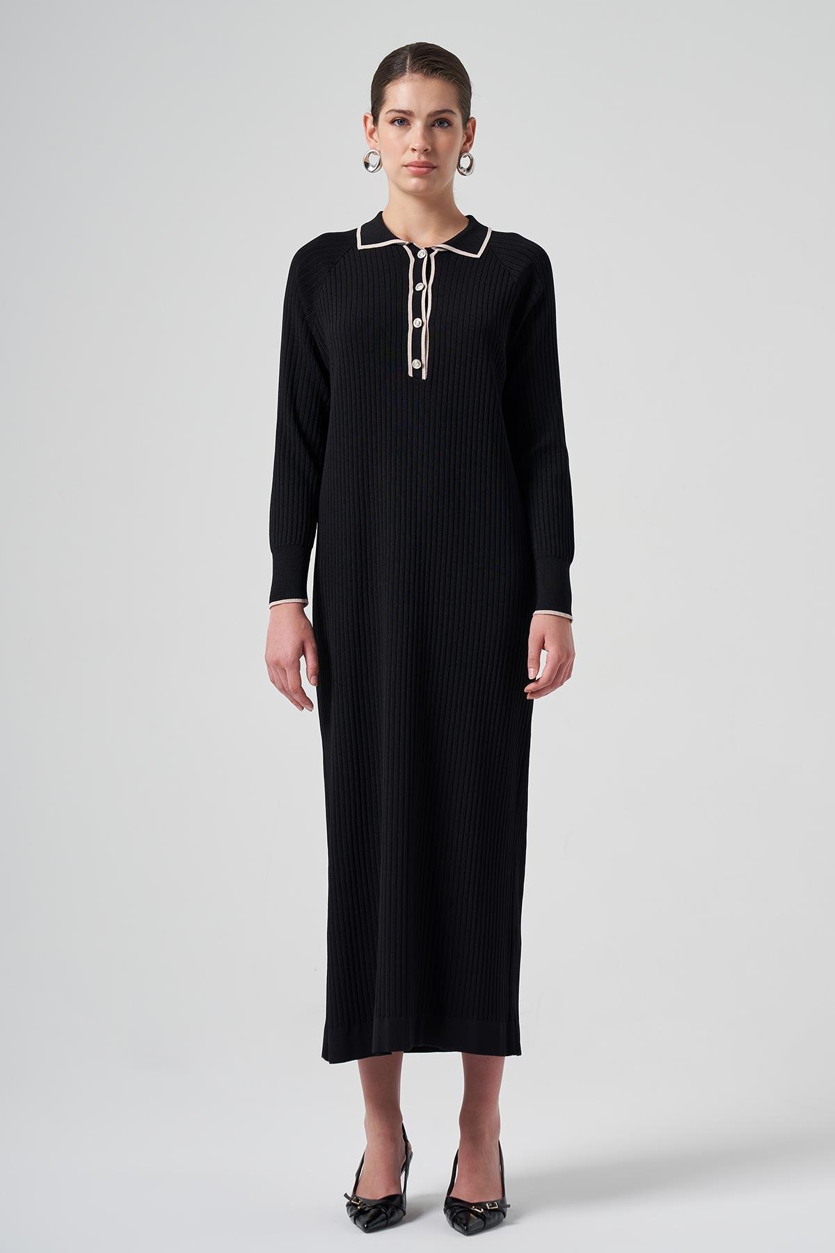 Nuss Merserize Yaka Detay Elbise 1410 Siyah