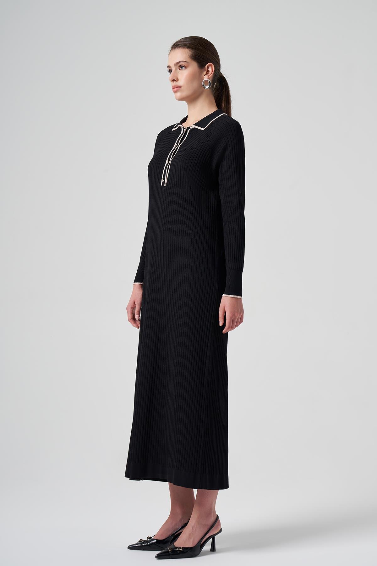 Nuss Merserize Yaka Detay Elbise 1410 Siyah