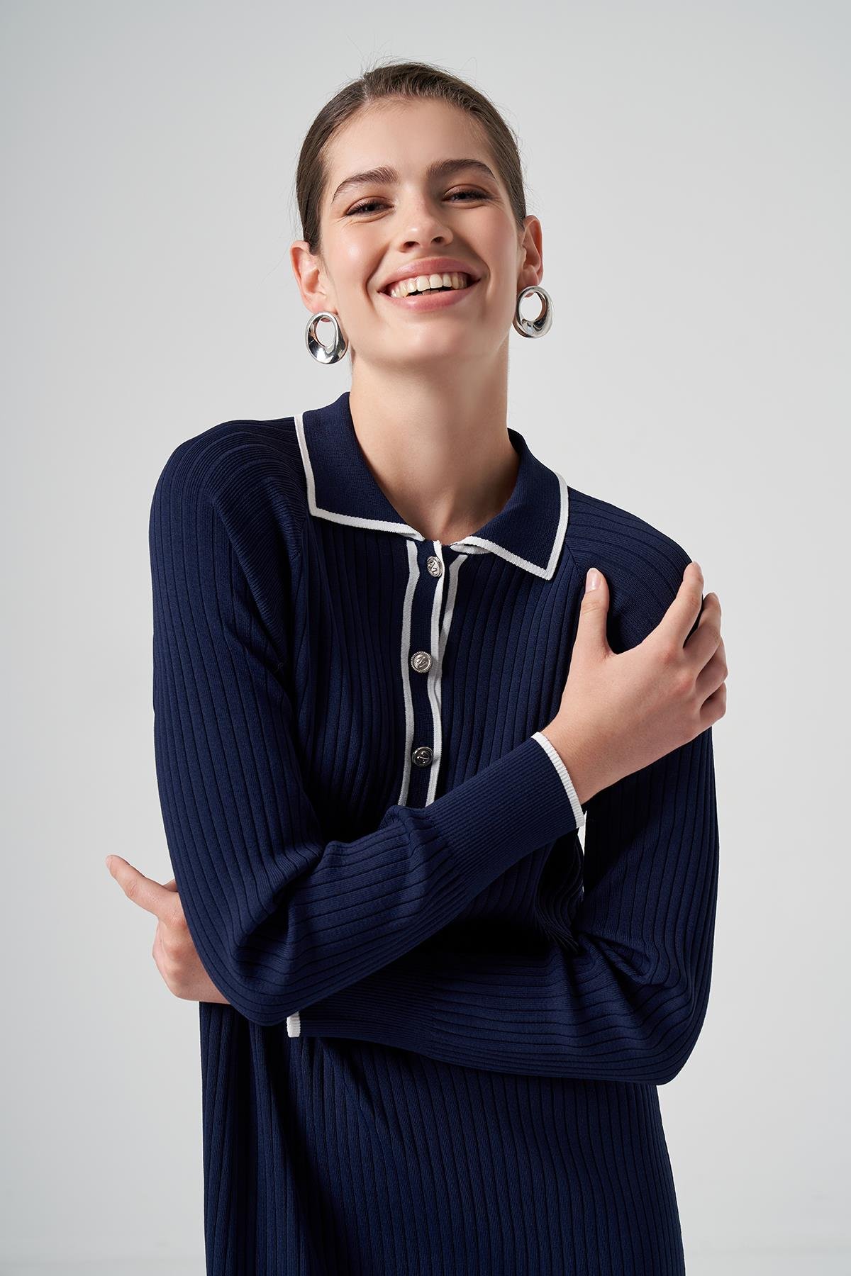 Nuss Merserize Yaka Detay Elbise 1410 Lacivert