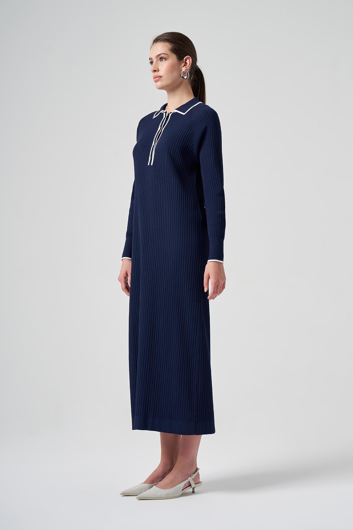 Nuss Merserize Yaka Detay Elbise 1410 Lacivert