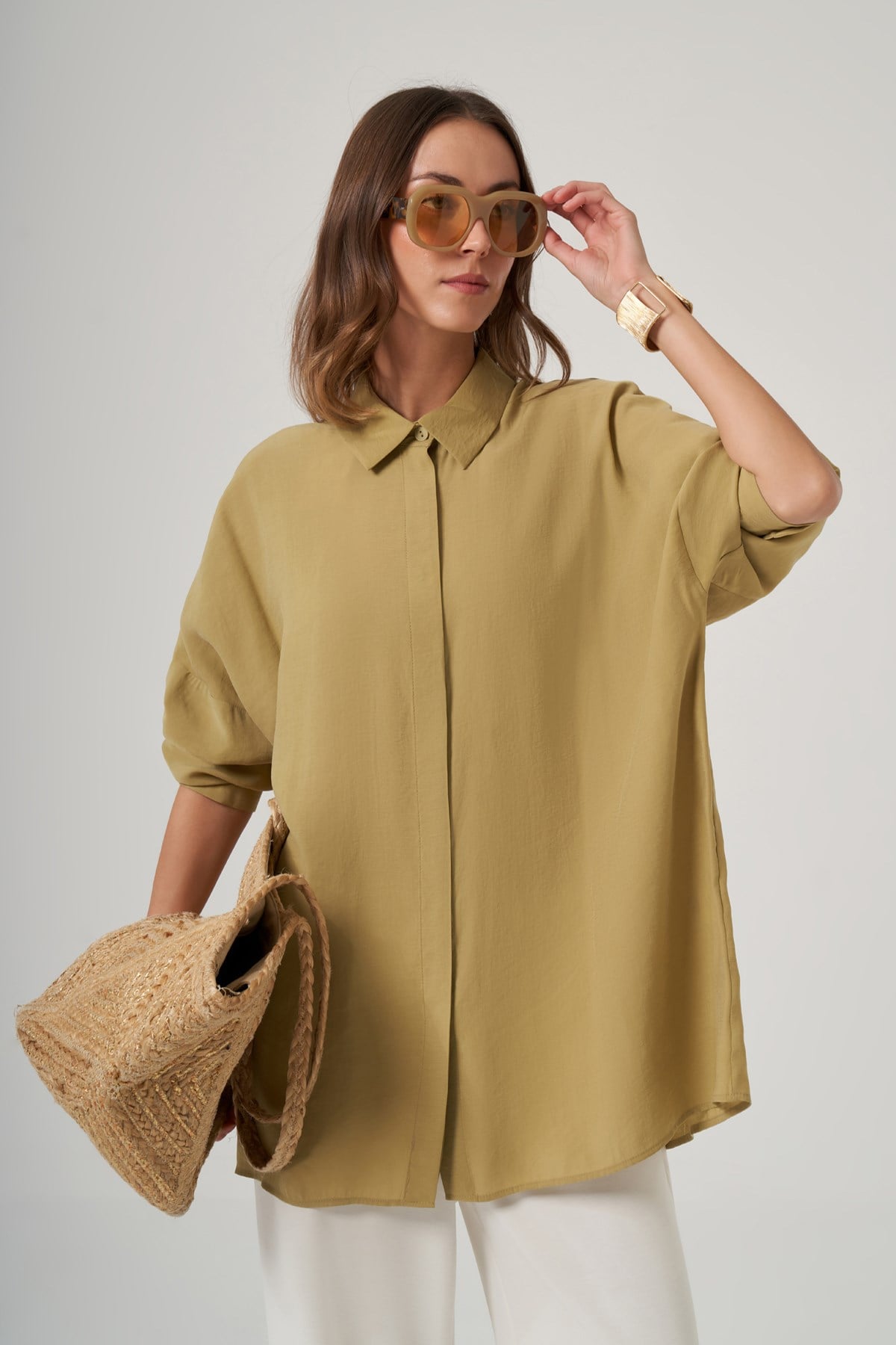 Nuss Oversize Basic Yazlık Gömlek 3001 Oliv