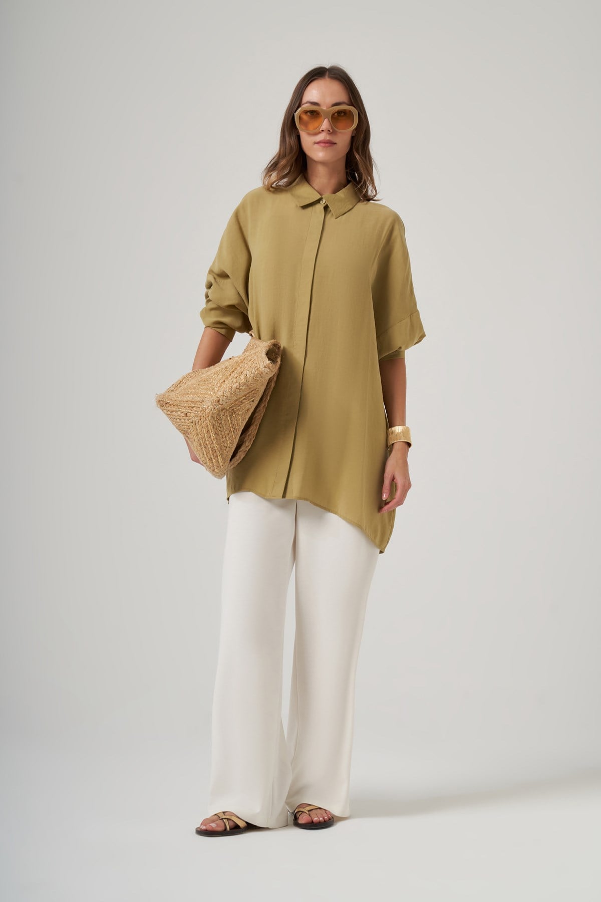 Nuss Oversize Basic Yazlık Gömlek 3001 Oliv