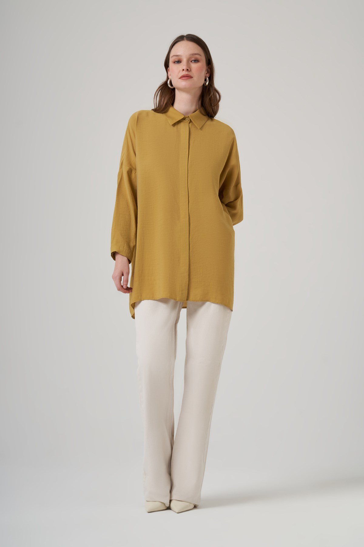 Nuss Oversize Basic Yazlık Gömlek 3001 Amber