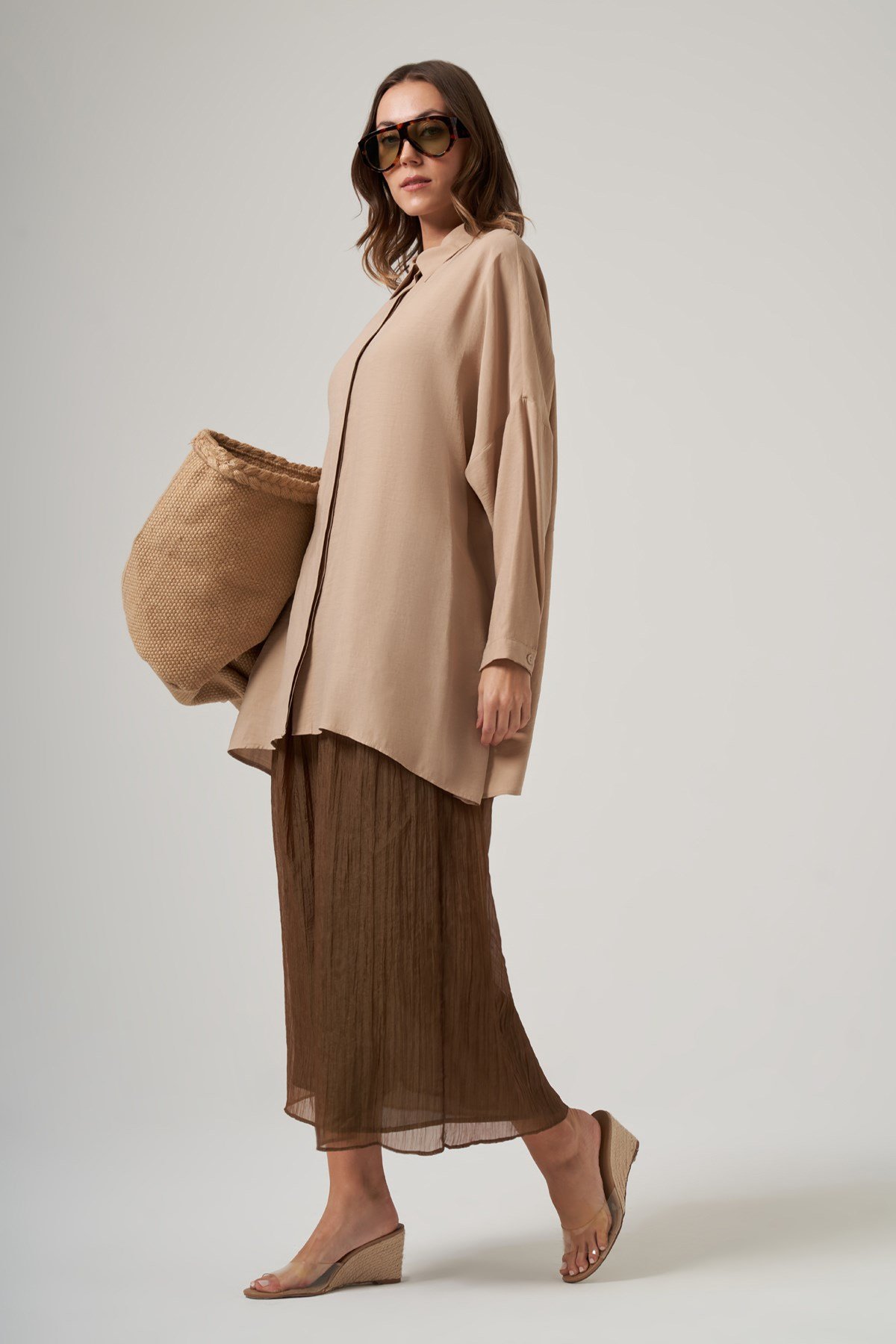 Nuss Oversize Basic Yazlık Gömlek 3001 Latte