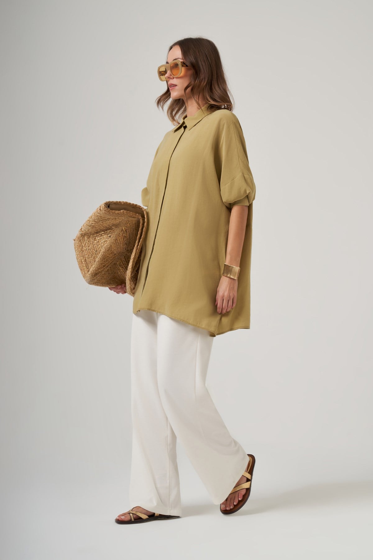Nuss Oversize Basic Yazlık Gömlek 3001 Oliv