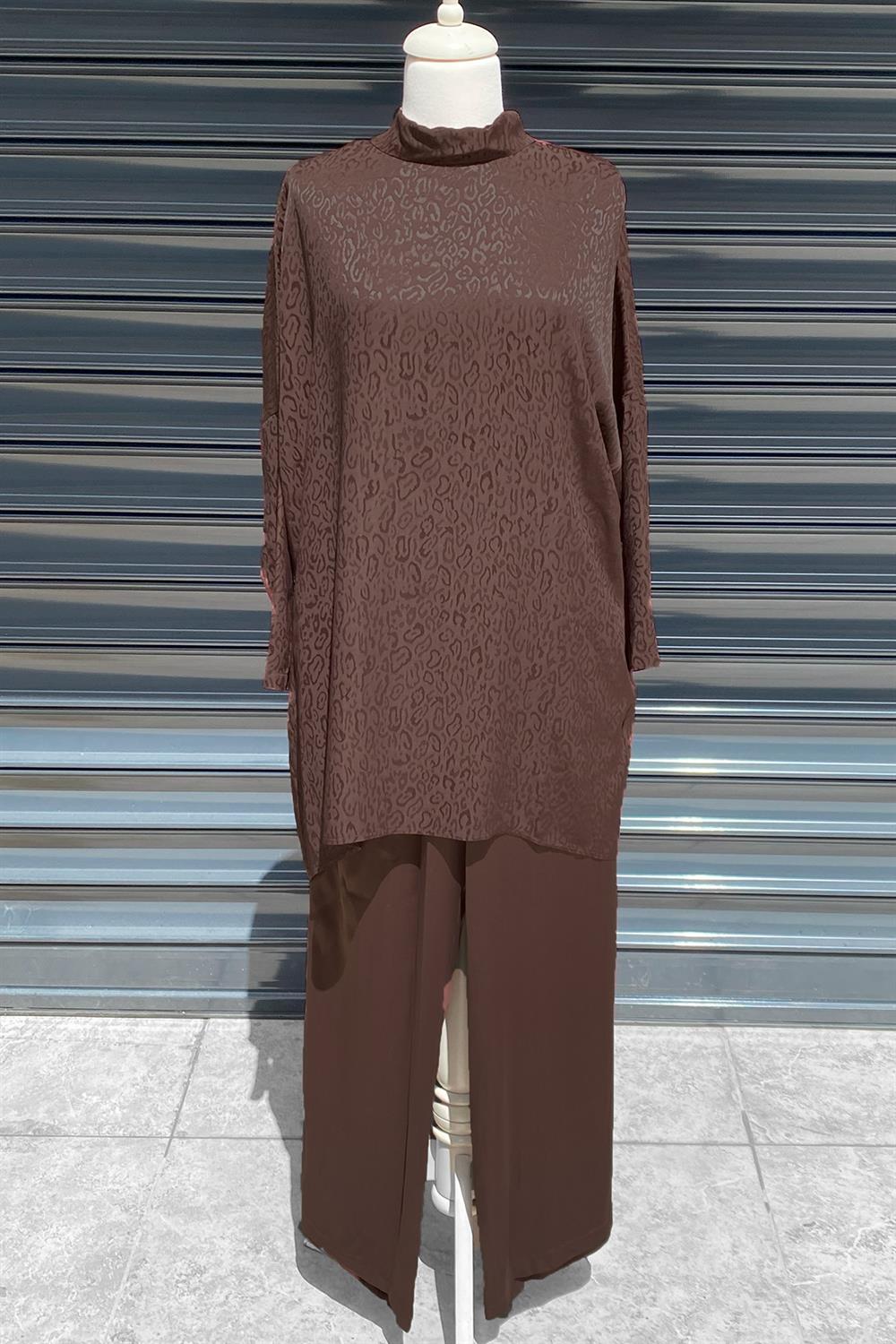 Nuss Pantolonlu Leopar Detaylı Takım 5005 Kahverengi