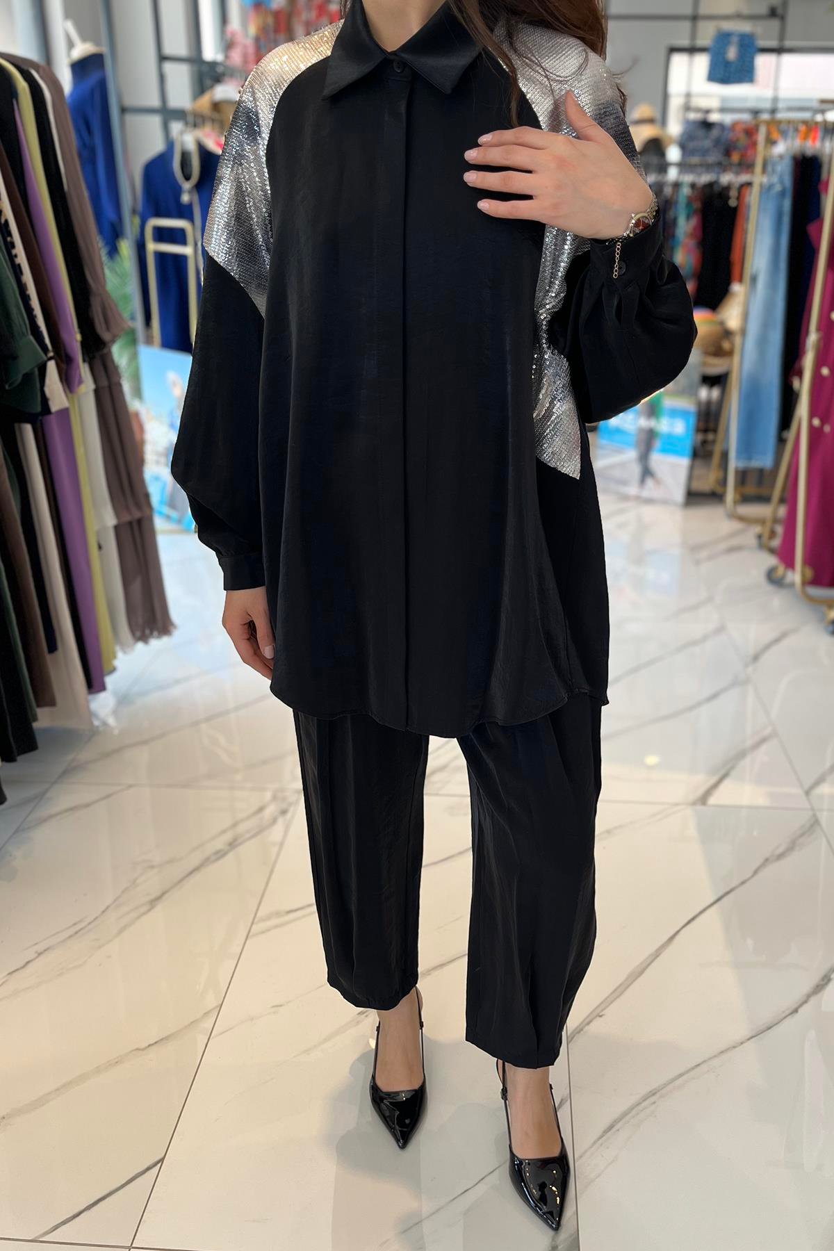 Nuss Payet Detay Pantolonlu Takım 1032 Siyah 